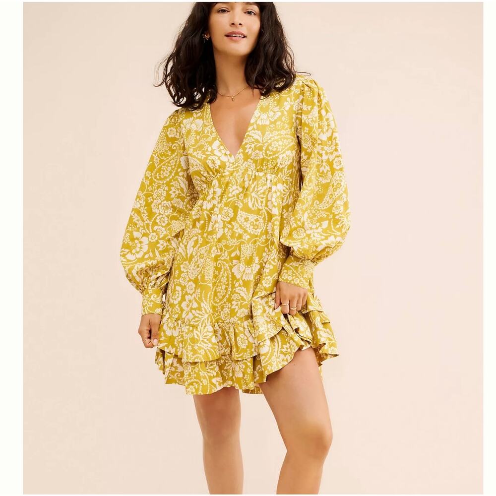 Anthropologie Maeve V-Neck Frill Puff Sleeve Mini Dress Small Ruffle Boho Yellow